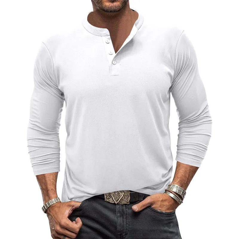 Nukty-shop Autumn Long-Sleeved Men's T-shirt round Neck Solid Color Button Henley Shirt Casual Bottoming Shirt