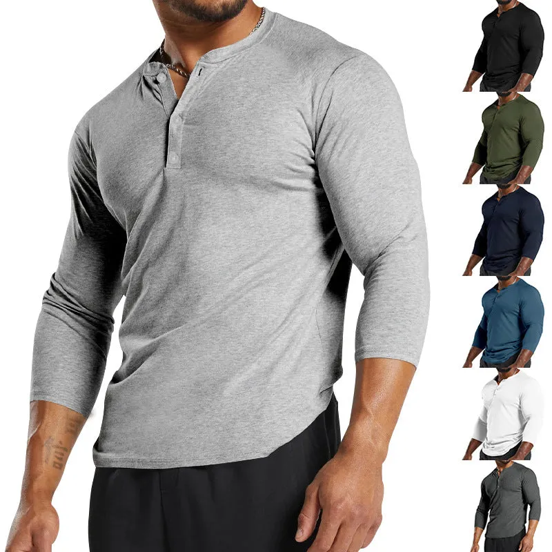 Nukty-shop Autumn Long-Sleeved Men's T-shirt round Neck Solid Color Button Henley Shirt Casual Bottoming Shirt