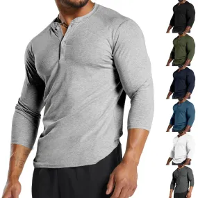 Nukty-shop Autumn Long-Sleeved Men's T-shirt round Neck Solid Color Button Henley Shirt Casual Bottoming Shirt