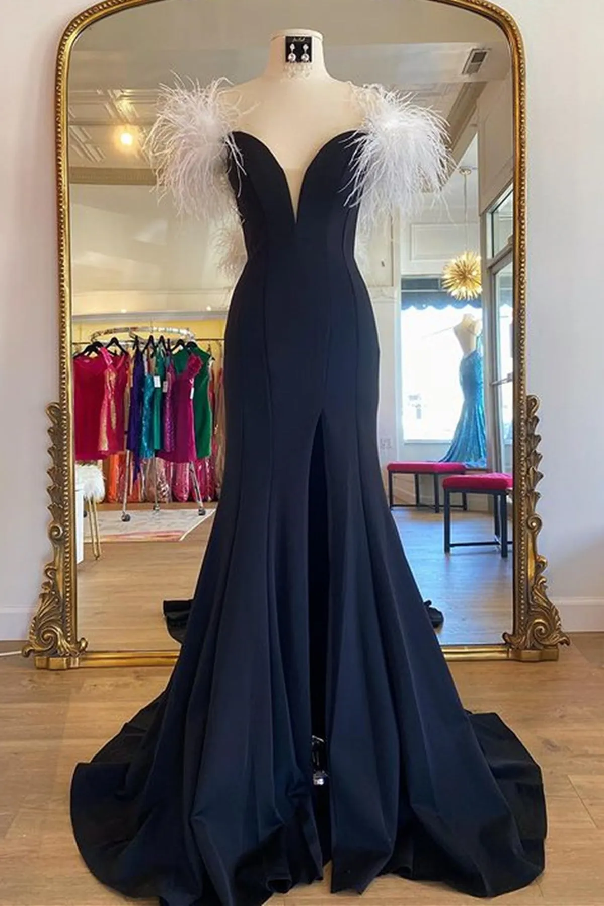 Off Shoulder V Neck Mermaid Black Long Prom Dress, Mermaid Black Formal Dresses, Black Evening Dresses A1779