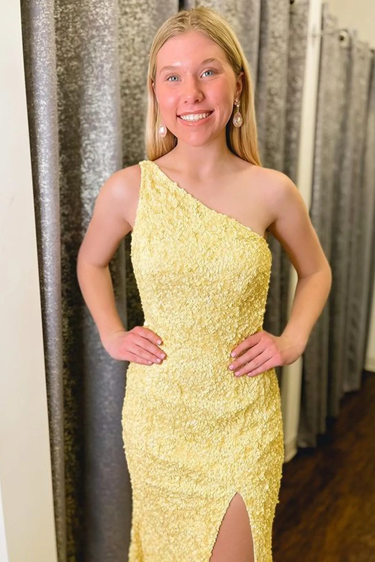 One Shoulder Mermaid Yellow Long Prom Dresses, Mermaid Yellow Formal Dresses, Yellow Evening Dresses A1848