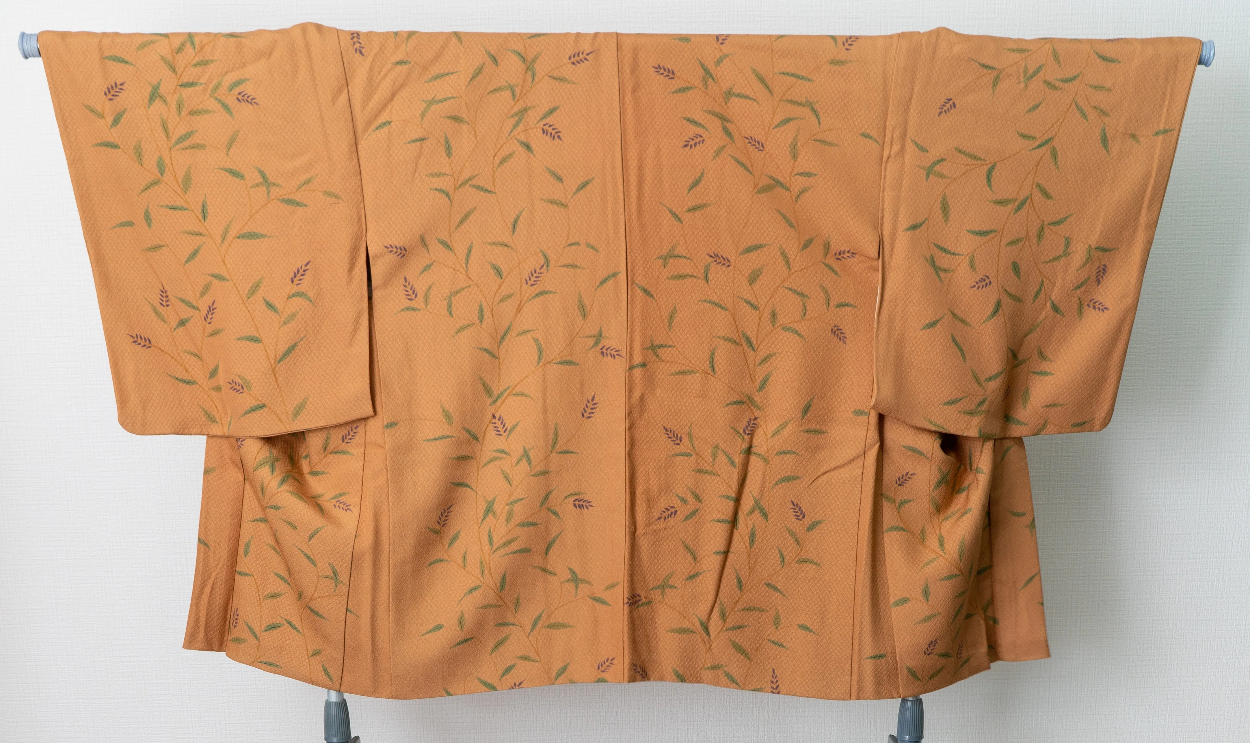 Orange Silk Haori with Flowering Plants and Leaves - Soft Kimono Jacket