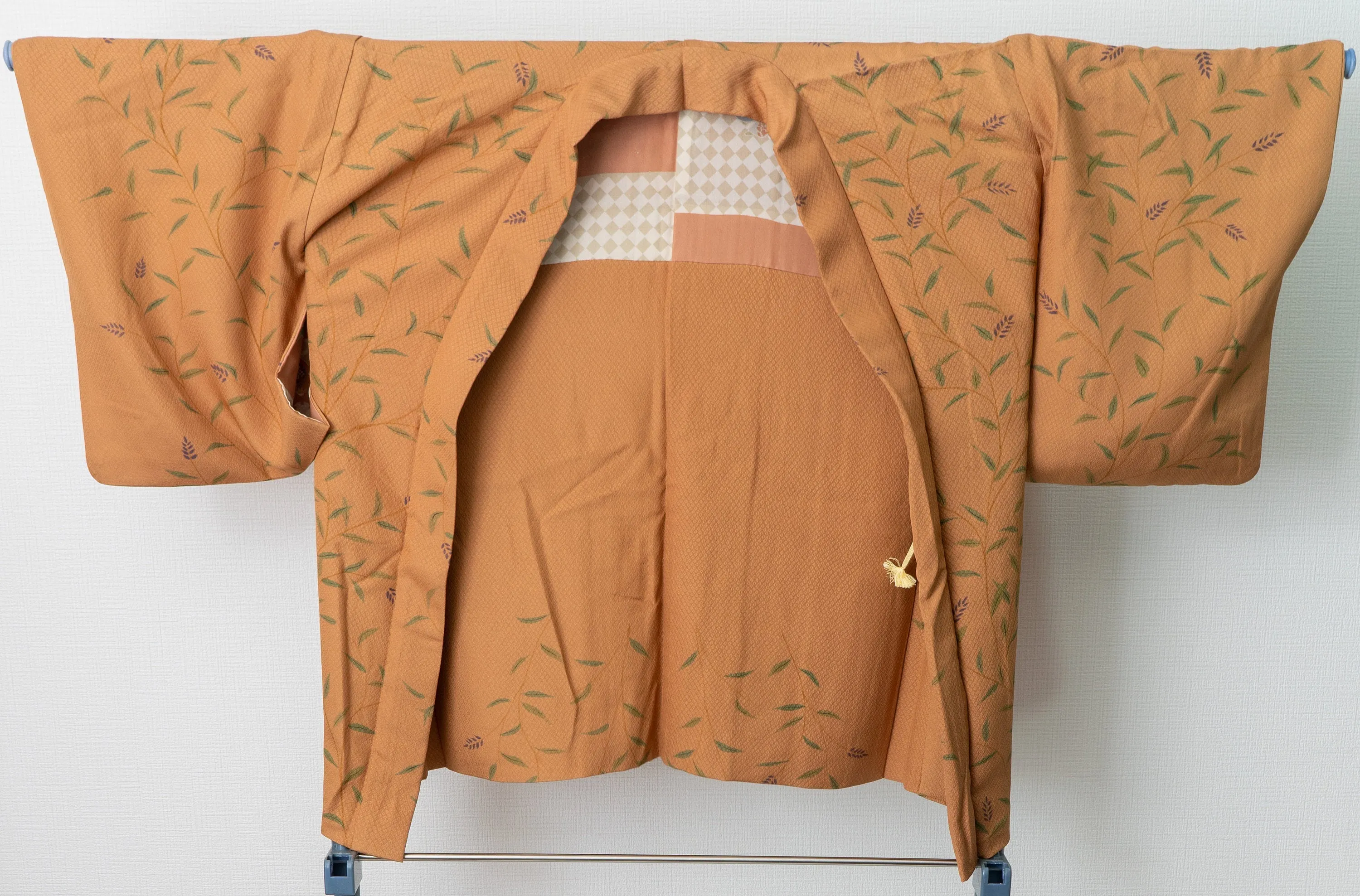 Orange Silk Haori with Flowering Plants and Leaves - Soft Kimono Jacket