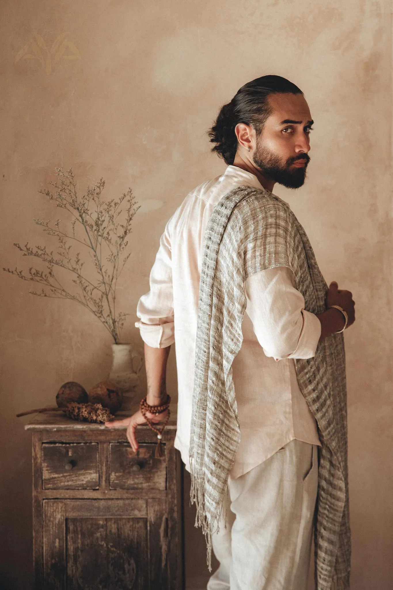 Pale Pink Linen Shirt for Men with Handmade Braids