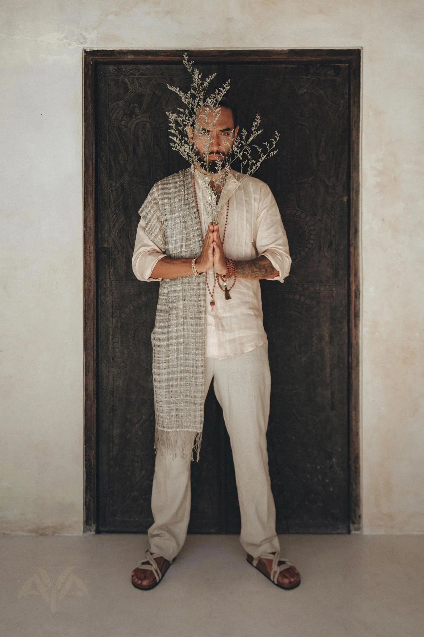 Pale Pink Linen Shirt for Men with Handmade Braids