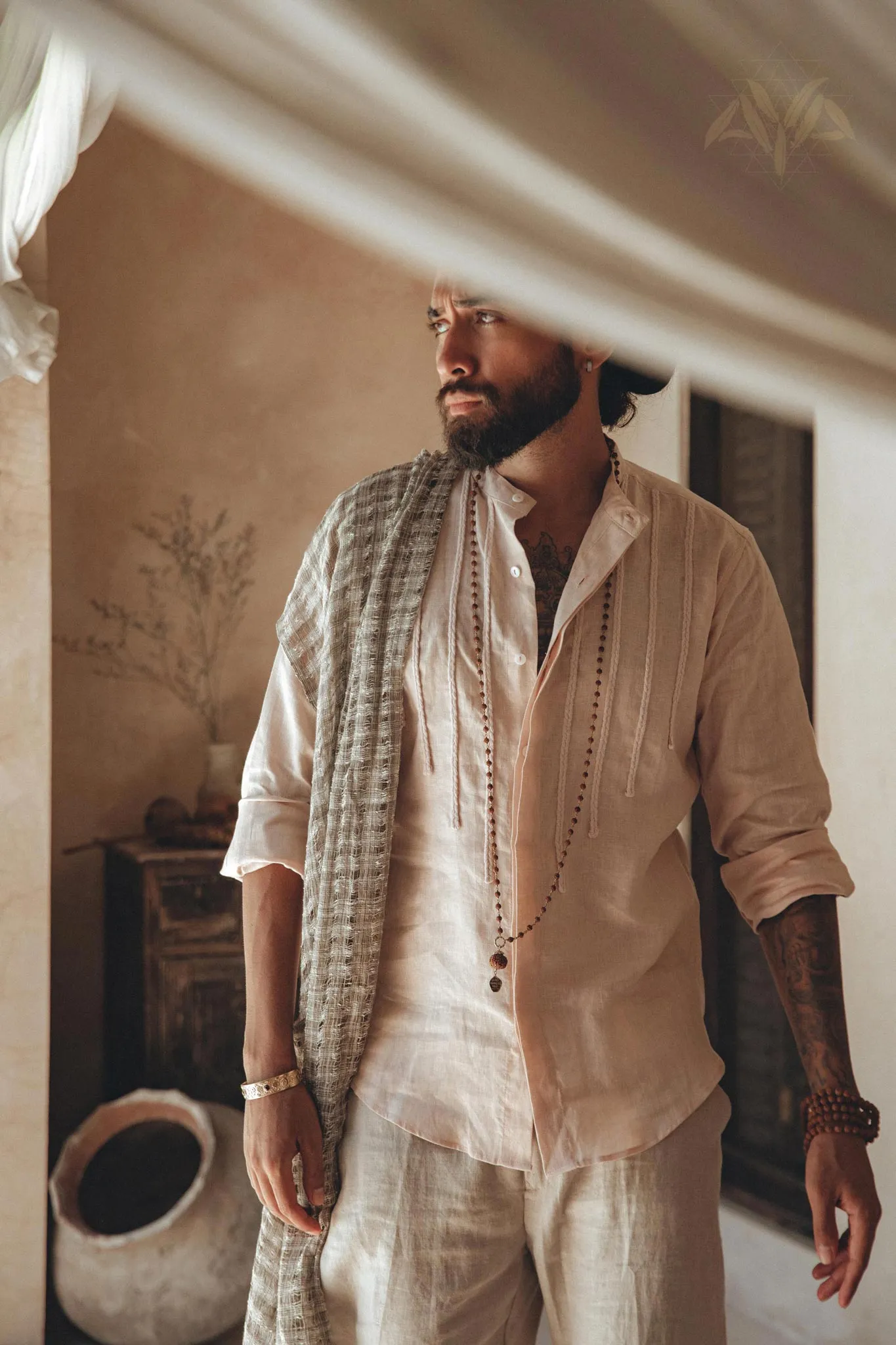 Pale Pink Linen Shirt for Men with Handmade Braids