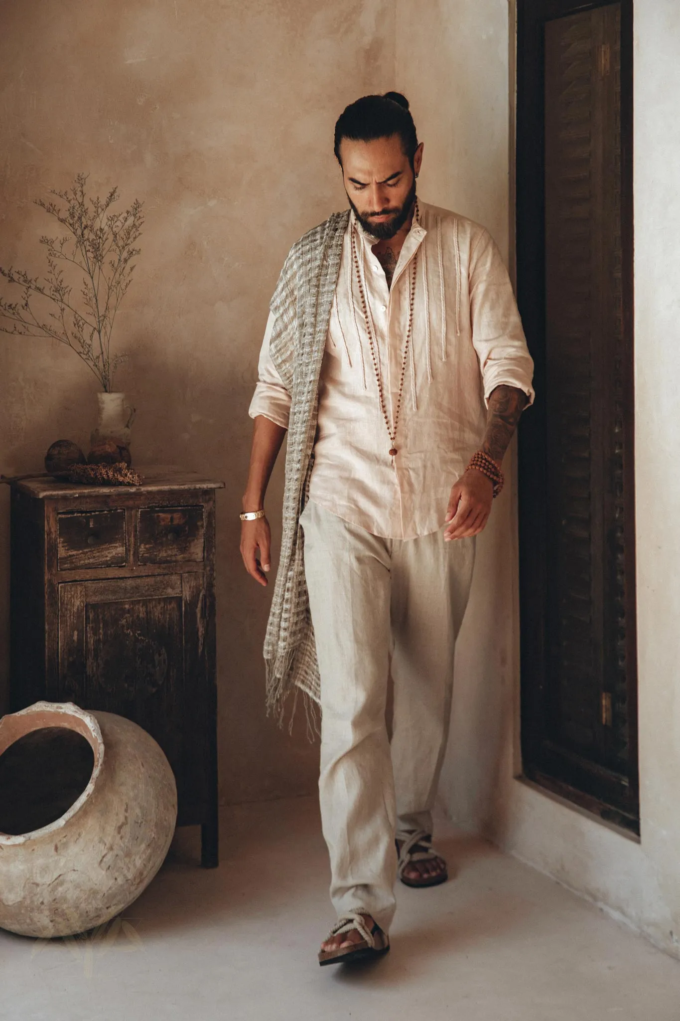 Pale Pink Linen Shirt for Men with Handmade Braids