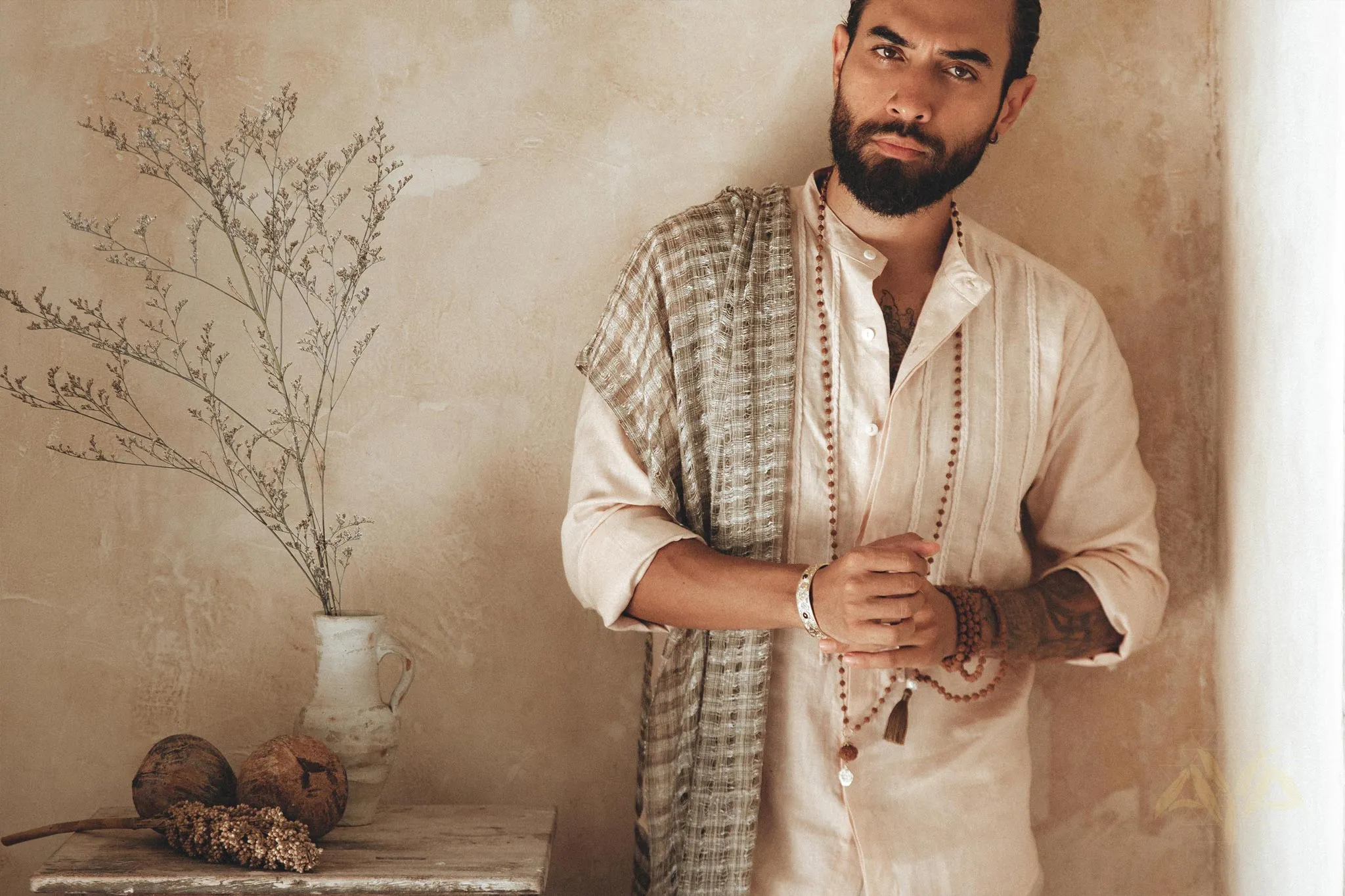 Pale Pink Linen Shirt for Men with Handmade Braids