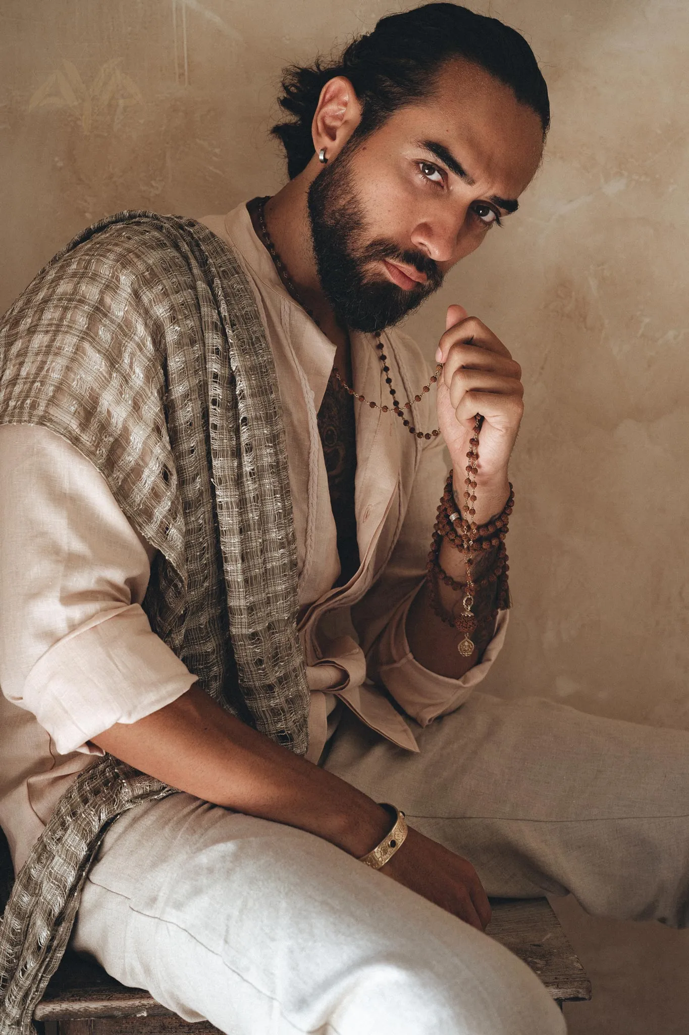 Pale Pink Linen Shirt for Men with Handmade Braids