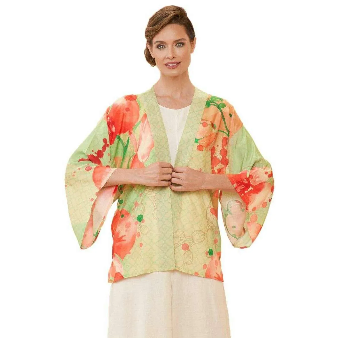 Powder Watercolour Orchids Kimono Jacket - Light Green