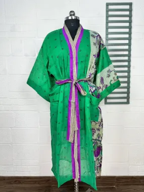 Recycled Pure Cotton Vintage Kimono Open Jacket Boho Summer TieDye House Robe, Beach Coverup | Green Purple Floral Style Print