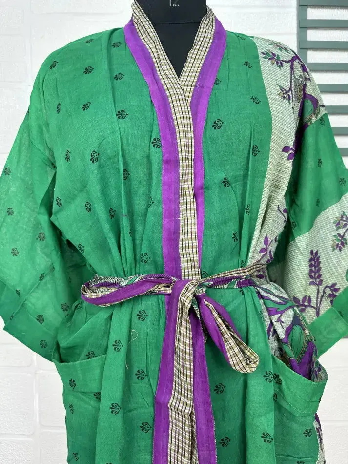 Recycled Pure Cotton Vintage Kimono Open Jacket Boho Summer TieDye House Robe, Beach Coverup | Green Purple Floral Style Print