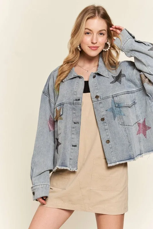 RHINESTONE STAR ACCENT DENIM JACKET - DENIM