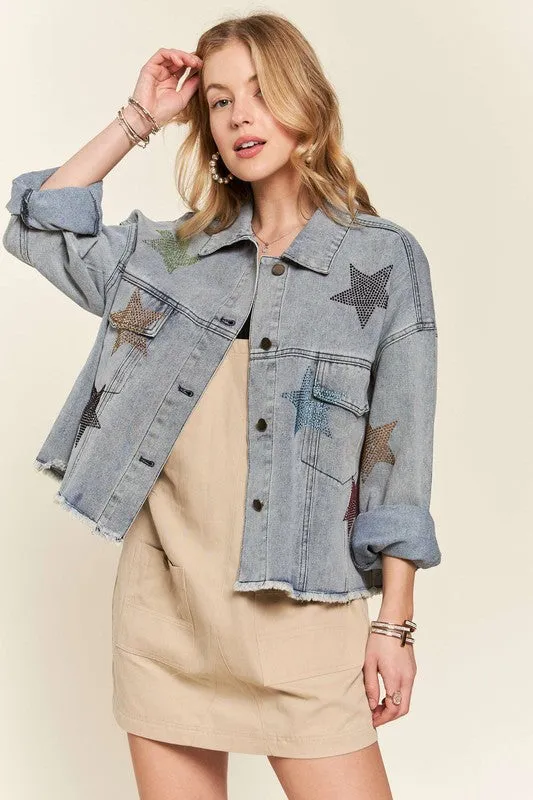 RHINESTONE STAR ACCENT DENIM JACKET - DENIM