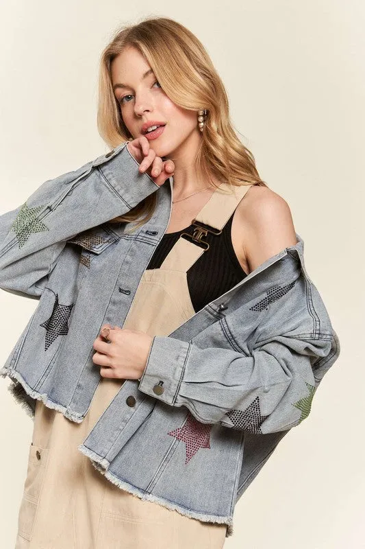 RHINESTONE STAR ACCENT DENIM JACKET - DENIM