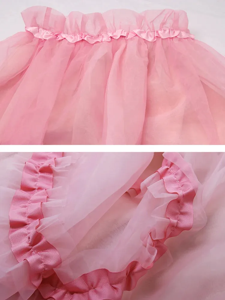 Ruffle Trim Sweet Pink Skirt For Women High Waist Loose Soldi Midi Skirts Female Fashion Clothing Style