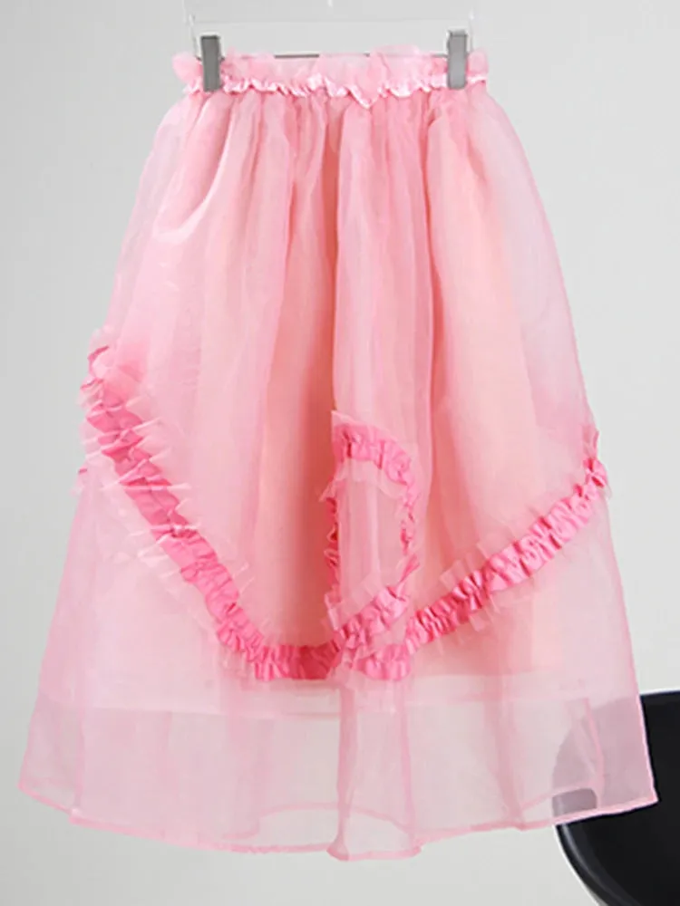 Ruffle Trim Sweet Pink Skirt For Women High Waist Loose Soldi Midi Skirts Female Fashion Clothing Style