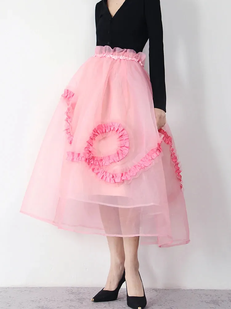 Ruffle Trim Sweet Pink Skirt For Women High Waist Loose Soldi Midi Skirts Female Fashion Clothing Style