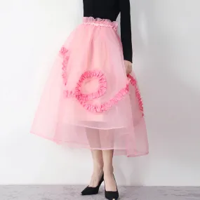 Ruffle Trim Sweet Pink Skirt For Women High Waist Loose Soldi Midi Skirts Female Fashion Clothing Style