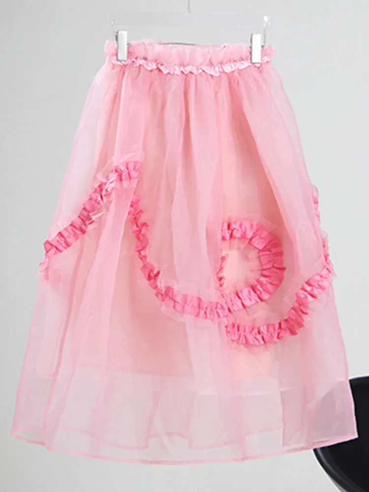 Ruffle Trim Sweet Pink Skirt For Women High Waist Loose Soldi Midi Skirts Female Fashion Clothing Style