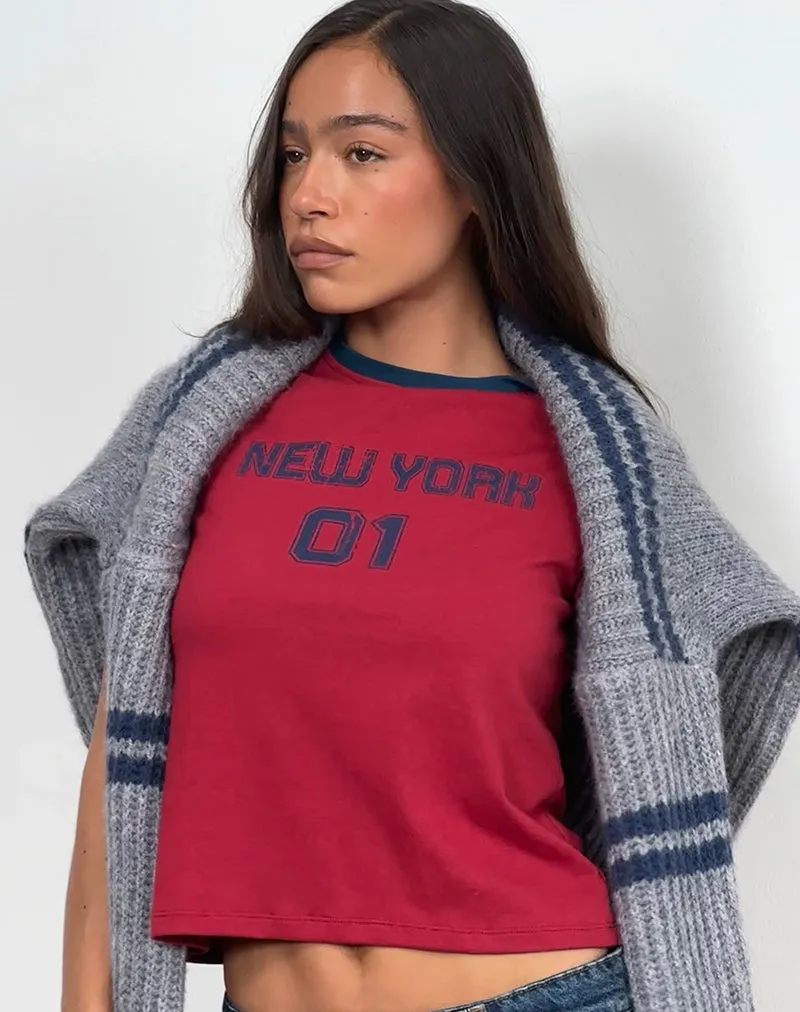 Sakha Boxy Top in Adrenaline Red with Blue New York Print