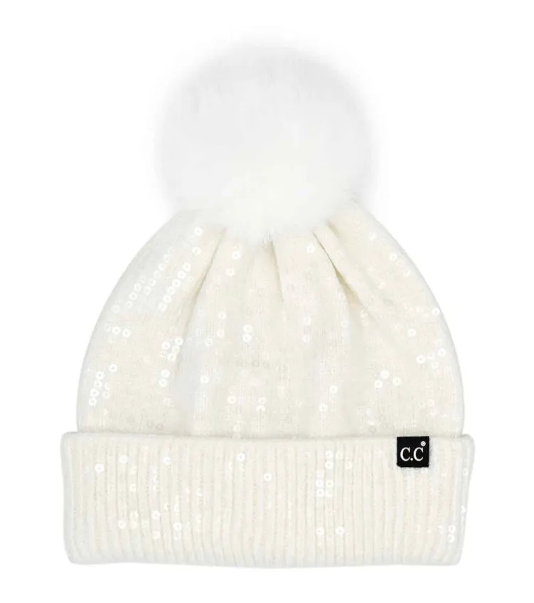 Sequin Ivory CC knit beanie With Pompom