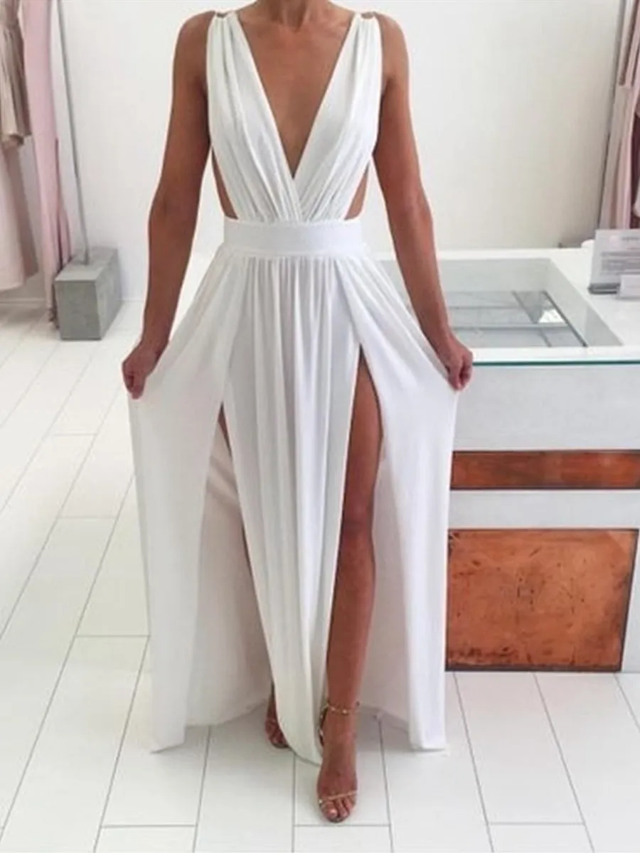 Sexy A Line V Neck White Long Prom with High Slit, V Neck White Formal, White Graduation