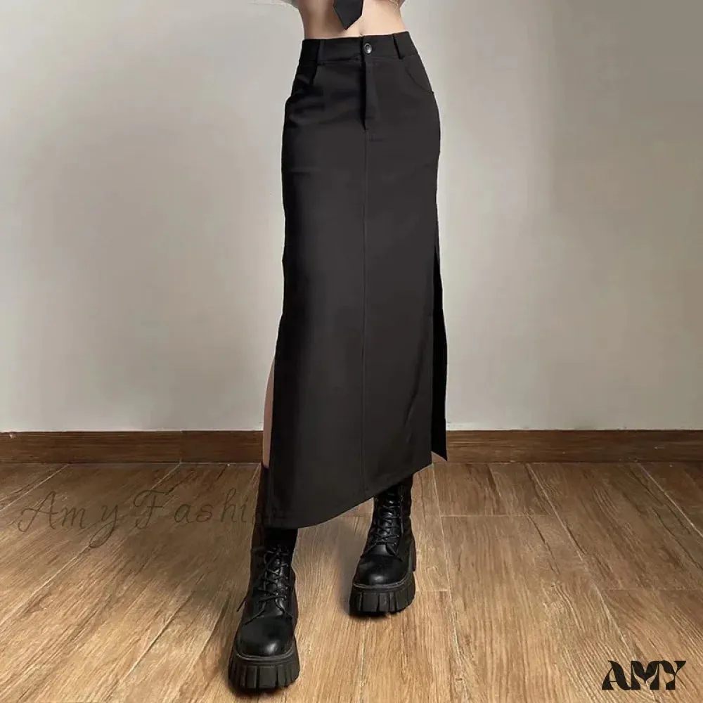 Sexy Goth Dark Waist Black Cargo Y2k Gothic High Grunge Midi Skirt Split Streetwear