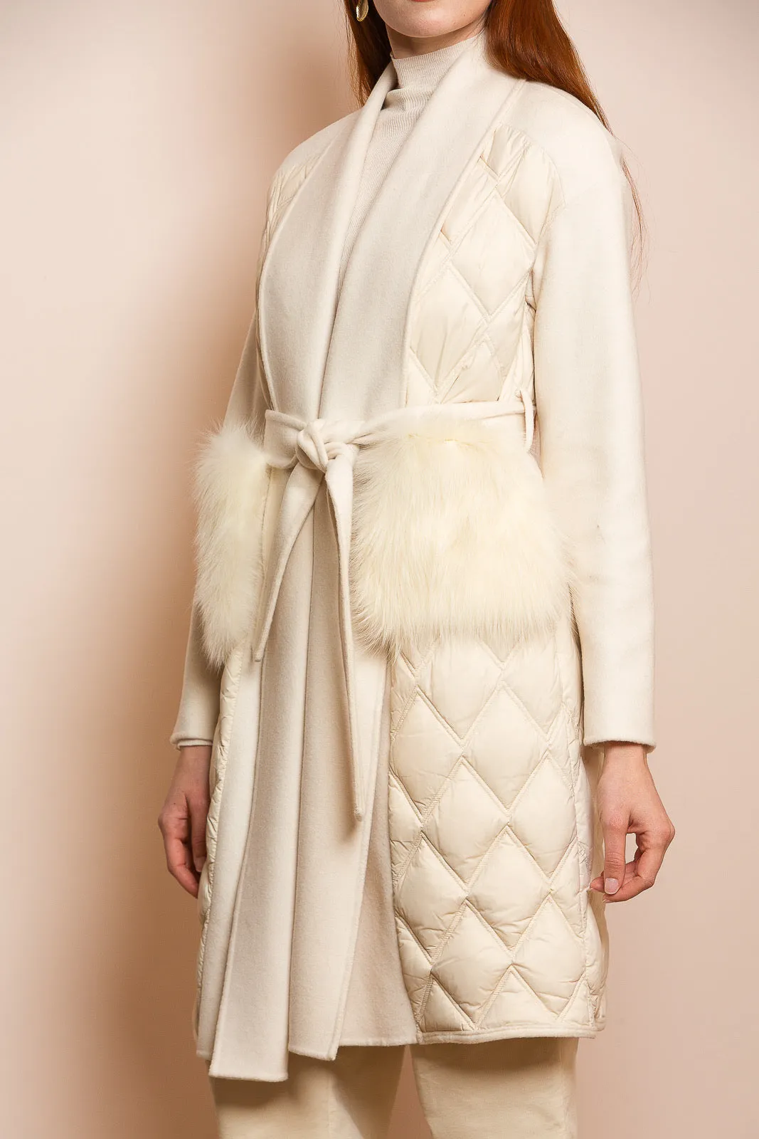 Shawl Collar Wool Puffer Coat with Fur Pockets