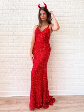 Shiny Sequins V Neck Backless Red Long Prom Dresses, V Neck Red Formal Dresses, Sparkly Red Sequins Evening Dresses