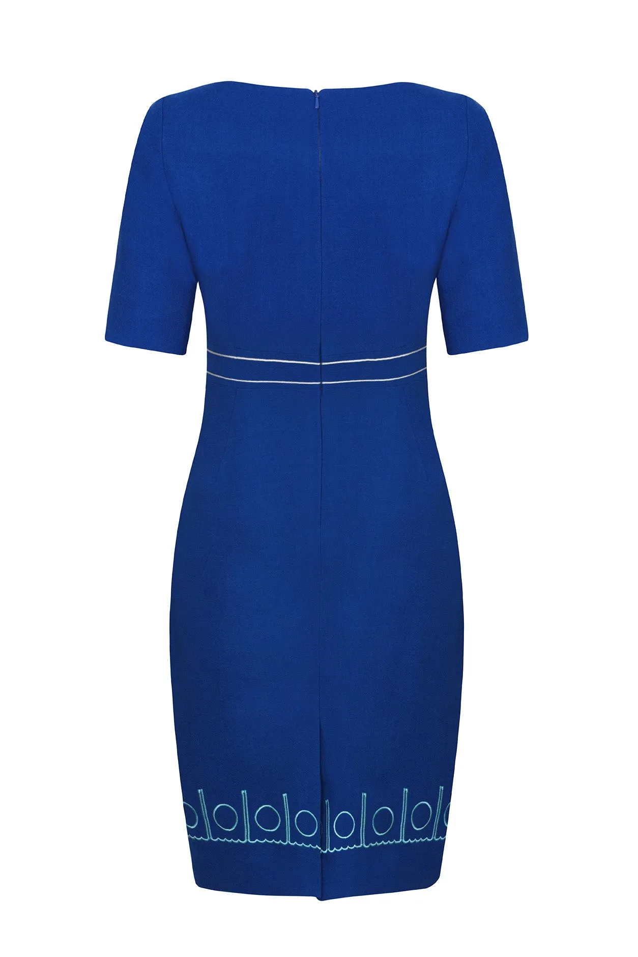 Short Sleeve Dress in Royal Blue with Turquoise Embroidered Border and Waistband Detail - Anita