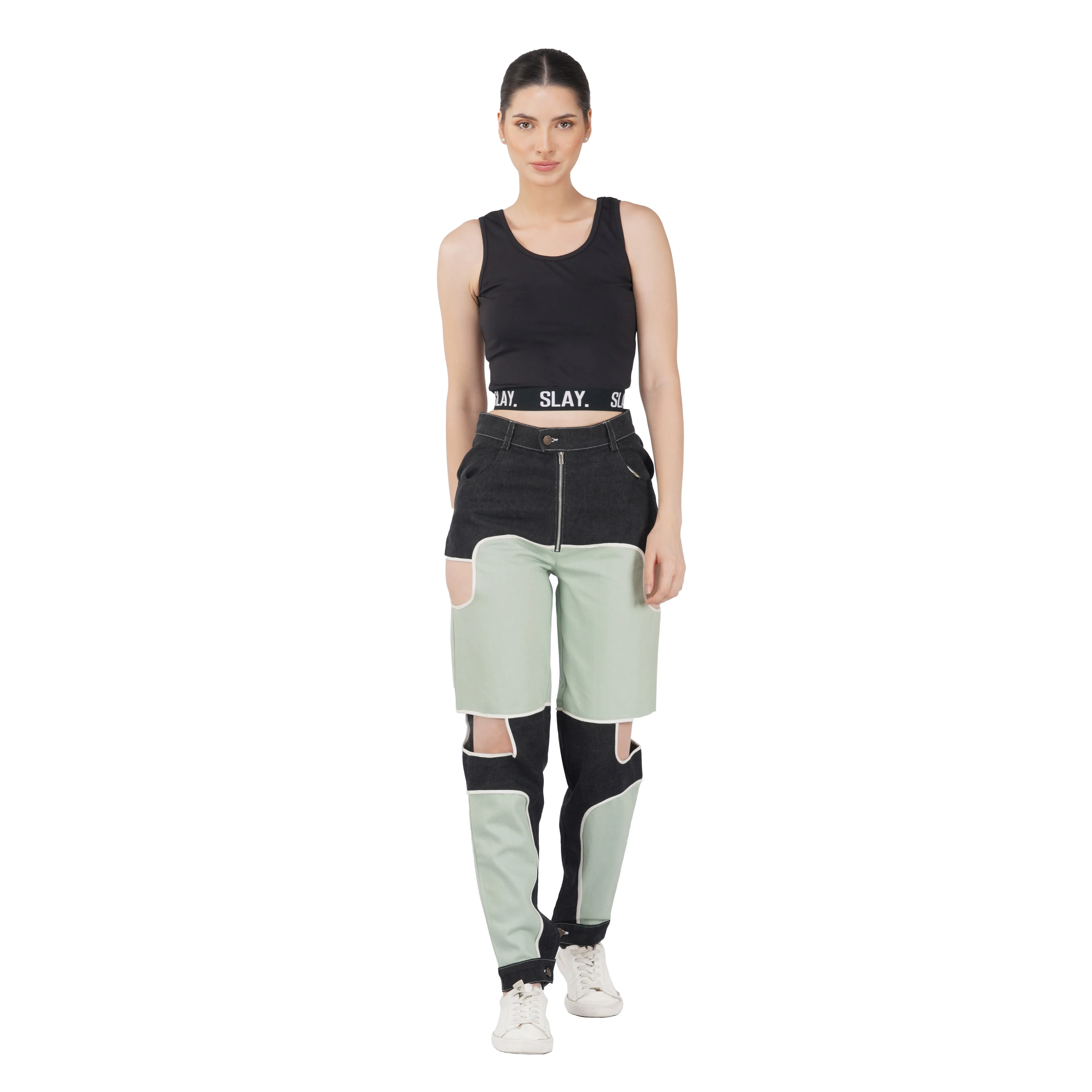 SLAY. Women's Green & Black Colorblock Denim Jeans & Crop Top Co-ord Set