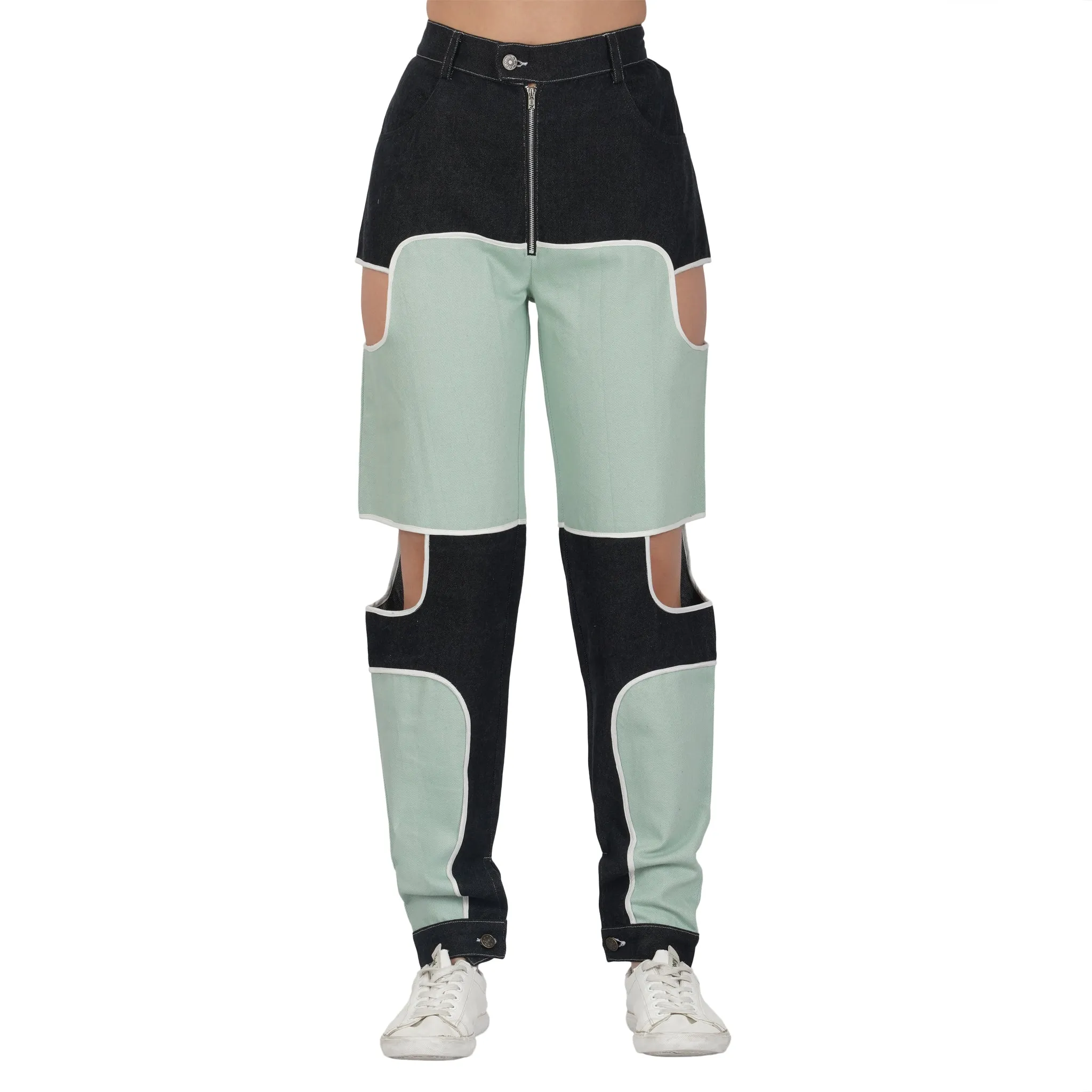 SLAY. Women's Green & Black Colorblock Denim Jeans & Crop Top Co-ord Set