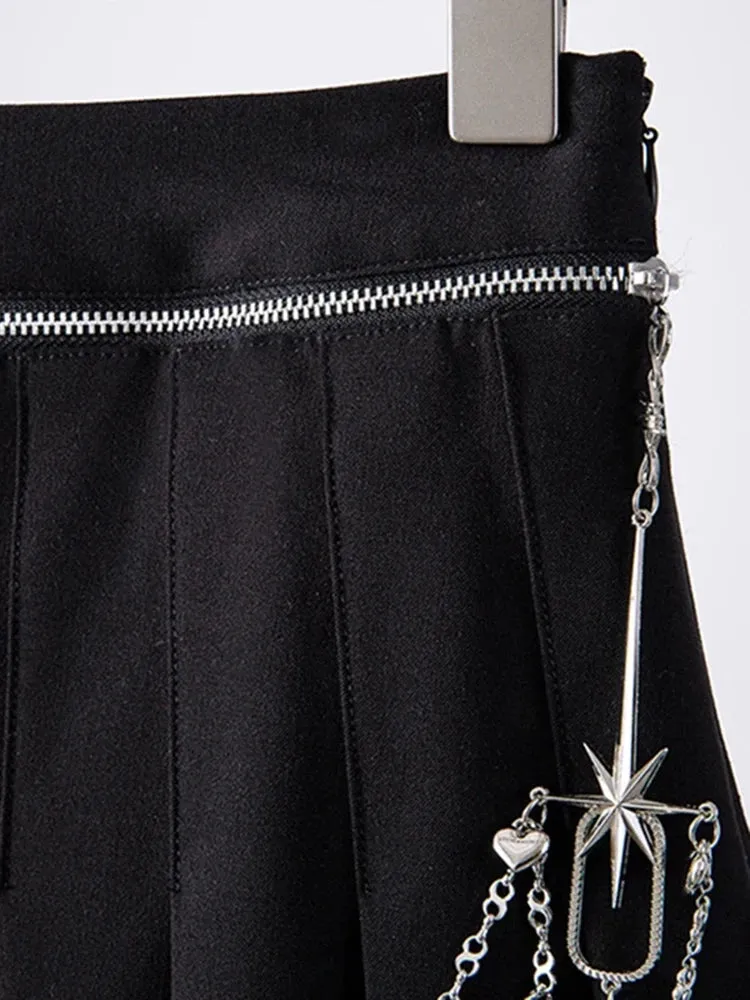 Solid Patchwork Metal Chain Chic Skirt For Women High Waist Spliced Pleated Streetwear A Line Skirts Female Fashion