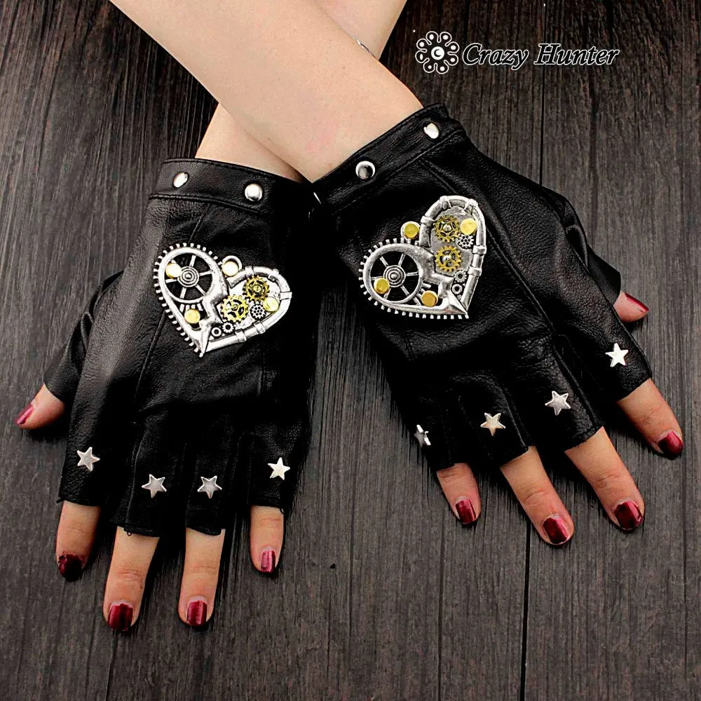 Steampunk Gear Studded Punk Rock Womens Fingerless Real Leather Gloves #3033