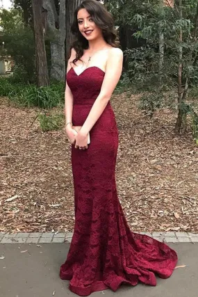 Strapless Mermaid Burgundy Lace Long Prom Dress, Mermaid Lace Burgundy Formal Dress, Burgundy Lace Evening Dress