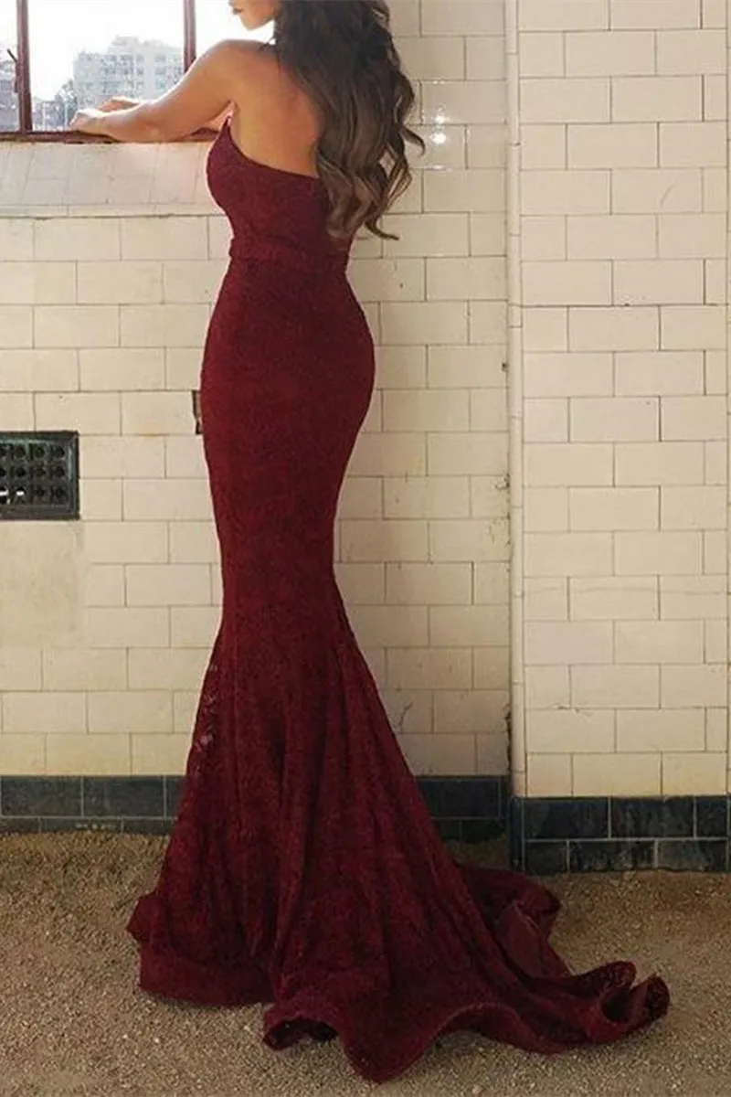 Strapless Mermaid Burgundy Lace Long Prom Dress, Mermaid Lace Burgundy Formal Dress, Burgundy Lace Evening Dress