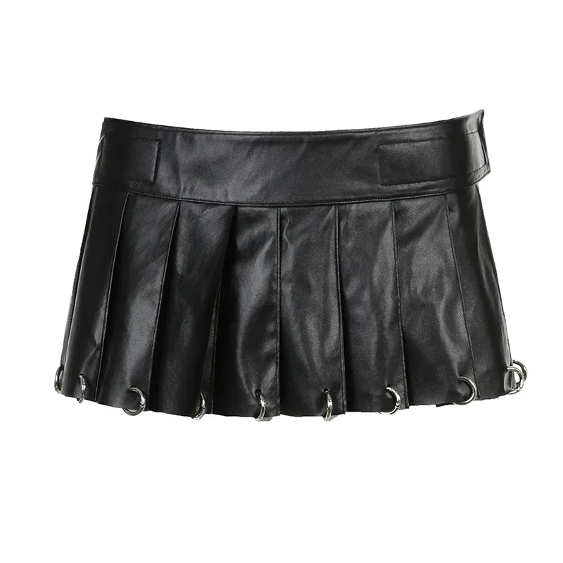 Streetwear Punk Gothic PU Leather Skirt Low Waisted Metal Ring Fashion Hot Party Mini Pleated Skirt Women Club Short