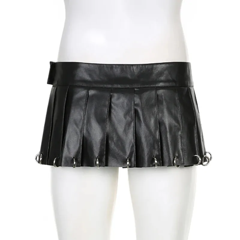 Streetwear Punk Gothic PU Leather Skirt Low Waisted Metal Ring Fashion Hot Party Mini Pleated Skirt Women Club Short