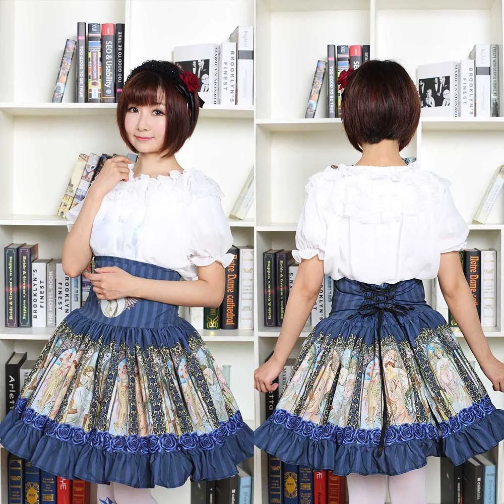 Sweet Mori Girl High Waist Skirt Blue Musha Printed Women's Short Skirt with Ruffles