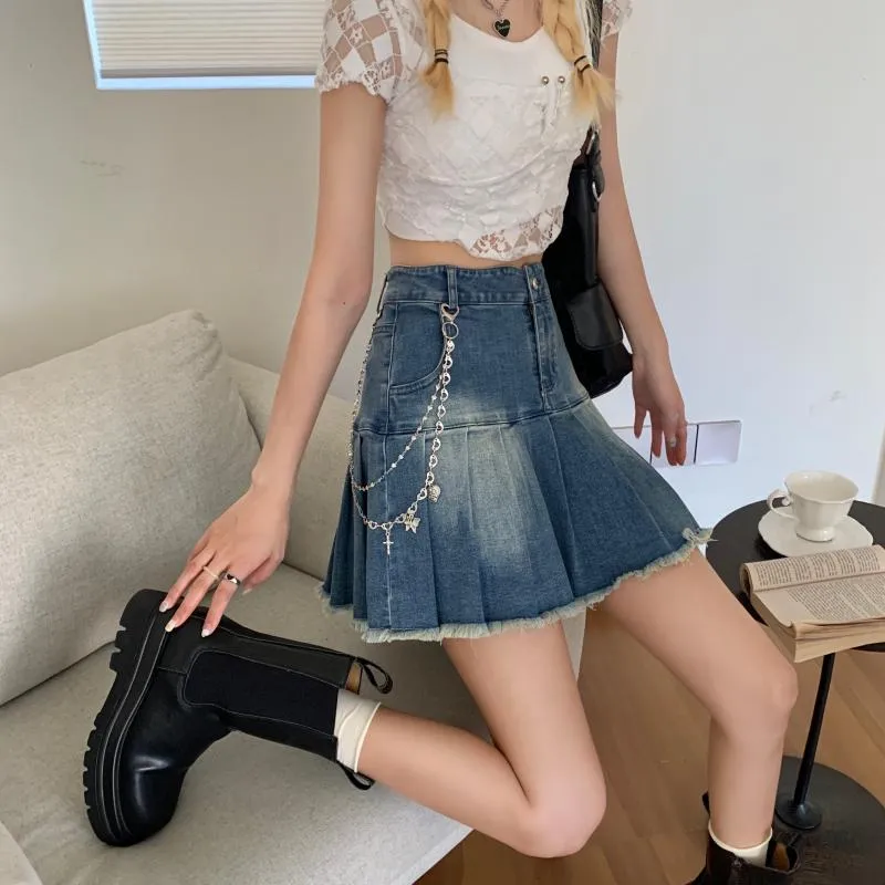 Tassel Women Pleated Skirt Fashion Jeans High Waist Blue A Line Denim Skirt Summer Casual Korean Pocket Ladies Mini Skirts