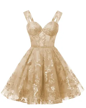 Teens Sparkly Tulle Champagne Homecoming Dresses Spaghetti Straps Short Cocktail Party Prom Dress