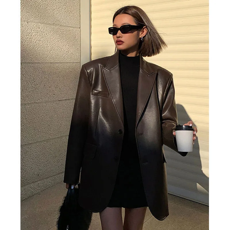 Territory frat outfits Women's Leather Suit Jacket 2024 Autumn and Winter Advanced Texture Loose PU Leather Suit