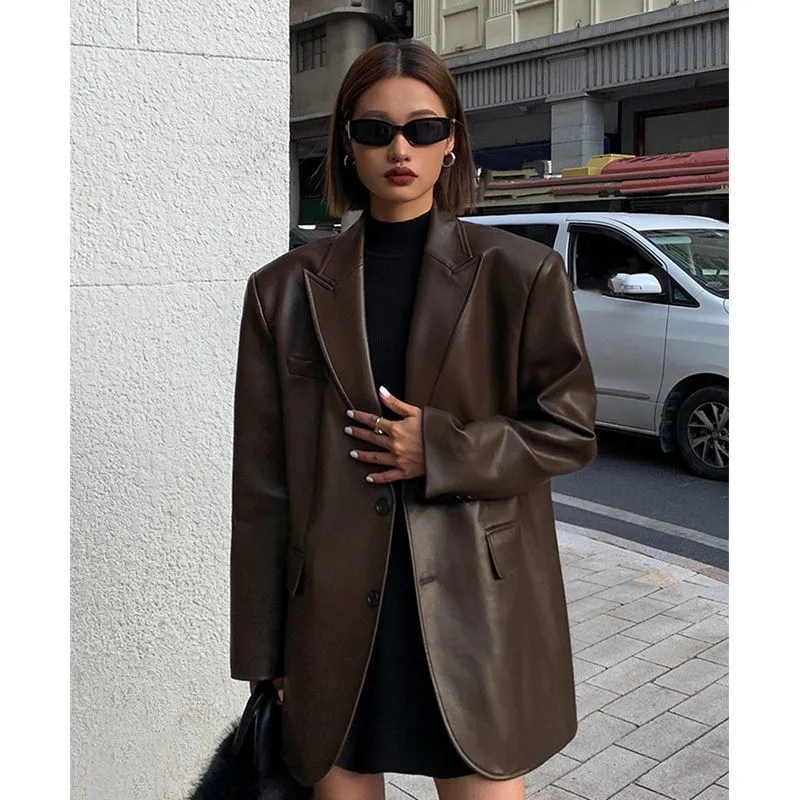 Territory frat outfits Women's Leather Suit Jacket 2024 Autumn and Winter Advanced Texture Loose PU Leather Suit