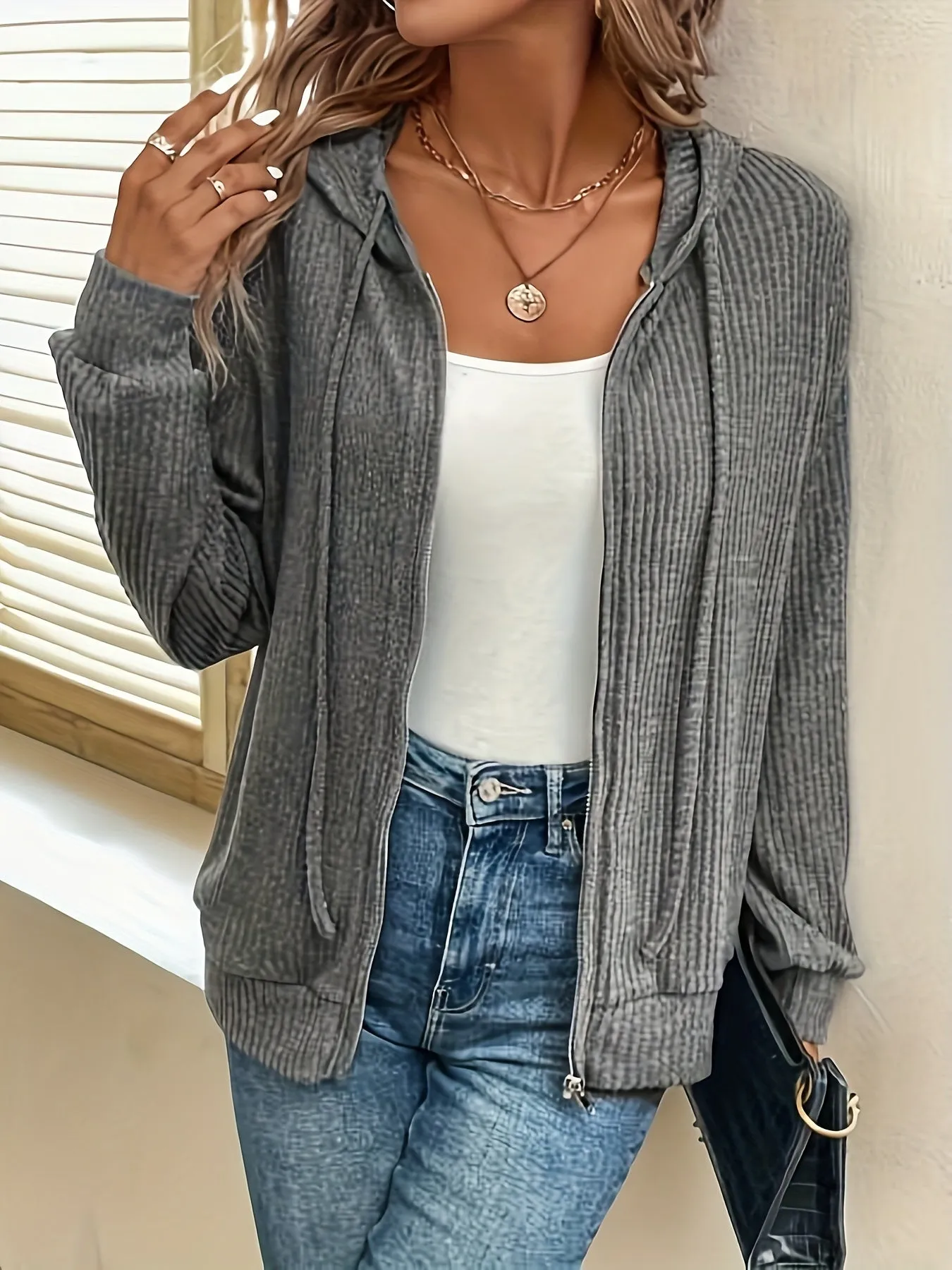 Versatile Ribbed Knit Hooded Jacket Perfect for Spring  Fall