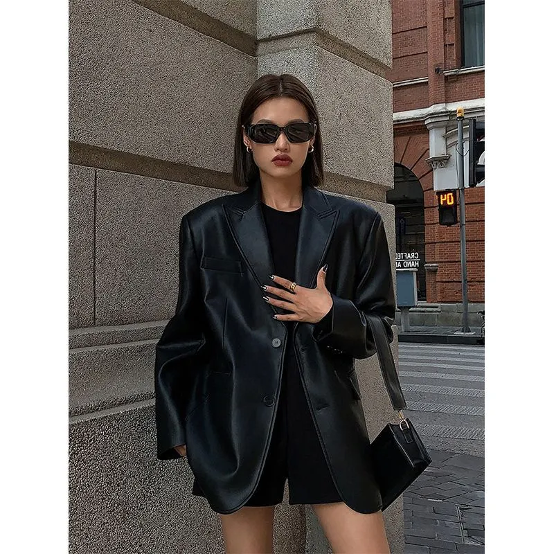 Vevesc frat outfits Women's Leather Suit Jacket 2024 Autumn and Winter Advanced Texture Loose PU Leather Suit