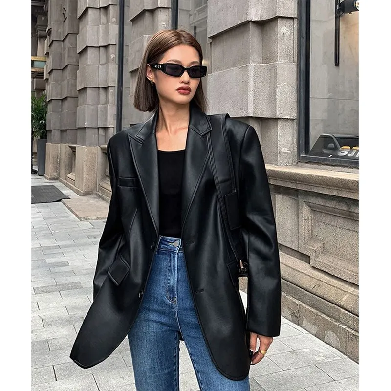 Vevesc frat outfits Women's Leather Suit Jacket 2024 Autumn and Winter Advanced Texture Loose PU Leather Suit