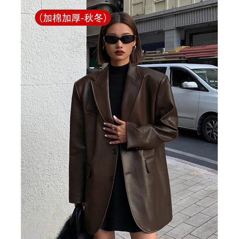 Vevesc frat outfits Women's Leather Suit Jacket 2024 Autumn and Winter Advanced Texture Loose PU Leather Suit