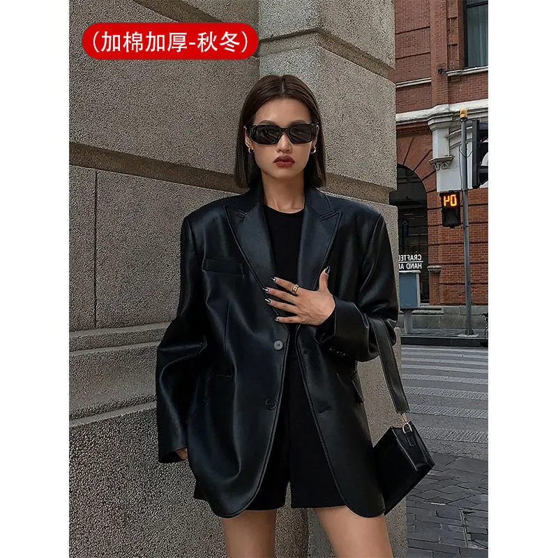 Vevesc frat outfits Women's Leather Suit Jacket 2024 Autumn and Winter Advanced Texture Loose PU Leather Suit