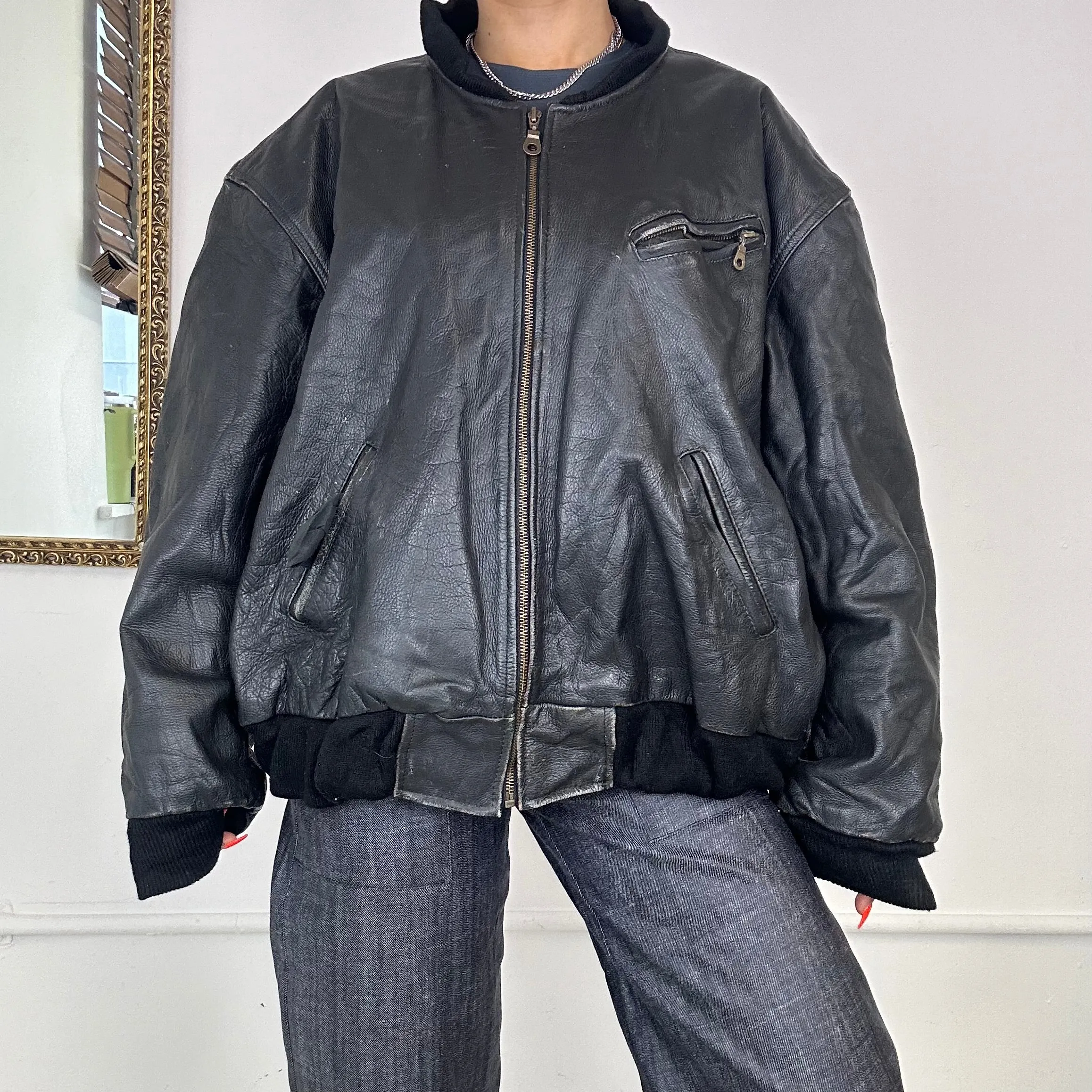 vintage black leather bomber